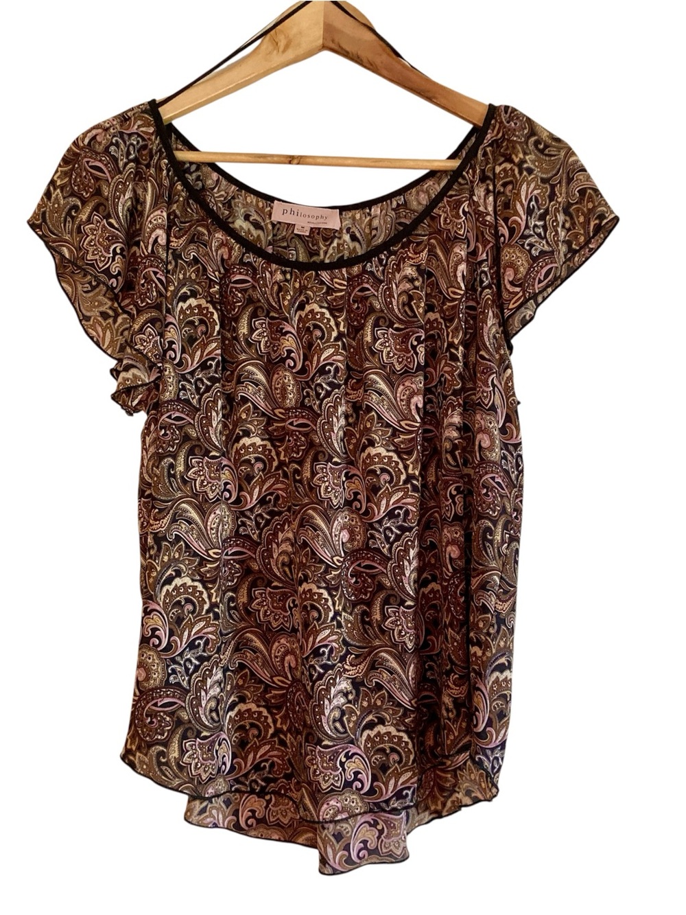 Philosophy Paisley Blouse Medium Boho Flowy Short Sleeve Top Brown Pink